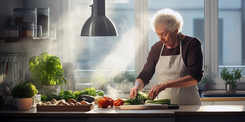 Wall Mural - A senior woman in an apron meticulously prepares fresh vegetables in a bright, inviting kitchen,