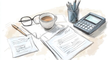 Poster - artistic sketched illustration of a analytic of financial reports on a white background