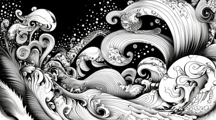 Poster - Intricate Black and White Illustration of Flowing Ocean Waves and Bubbles in Abstract Style with Dynamic Movement and Unique Patterns