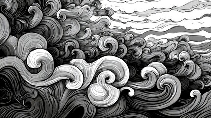 Poster - Abstract Black and White Waves with Intricate Swirling Patterns and Dynamic Movement Reflecting Energy and Fluidity in a Beautiful Ocean Scene