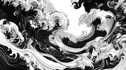 Poster - Black and White Abstract Waves with Flowing Patterns Representing Energy and Motion in a Dynamic Artistic Style