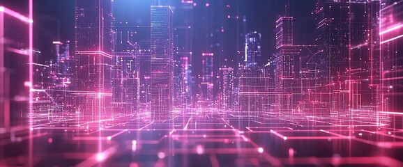 Aufkleber - Futuristic pink cityscape, digital city lines, glowing network.