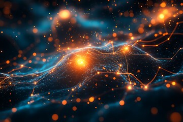 Poster - abstract glowing network, digital landscape with orange and blue lights.