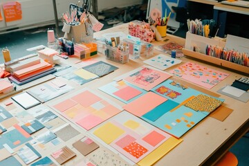 Poster - Creative workspace filled with design documents and materials during a brainstorming session in a bright office setting