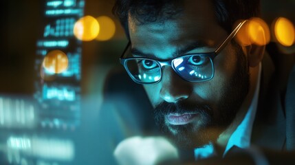 Poster - Indian business man trader broker investor analyzing stock exchange market crypto trading chart data, managing financial risks, thinking of stockmarket profit looking at laptop. View through glass