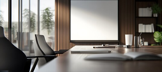 Poster - A corporate meeting setup with a focus on a clear whiteboard