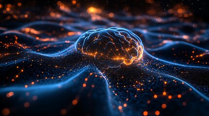 Poster - Glowing brain on digital wave, abstract concept of AI, neural network, and technology.