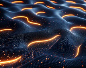 Poster - Abstract glowing orange lines on dark blue wavy surface.