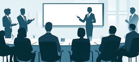 Poster - A corporate meeting with a large display screen