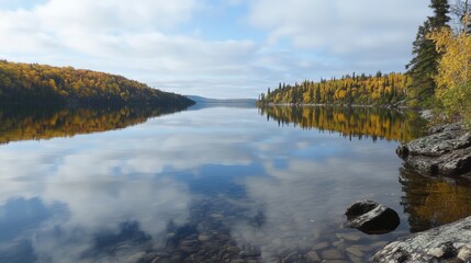Aufkleber - Beautiful autumn landscape with colorful trees reflecting on calm lake surface during afternoon light