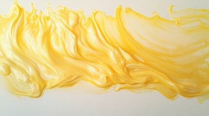 Poster - Liquid yellow paint flowing across a blank white space, smooth and glossy texture