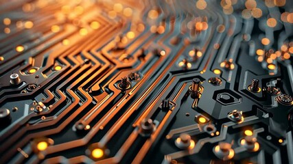 Poster - Close Up of Glowing Circuit Board with Intricate Orange Patterns and Advanced Electronics Technology