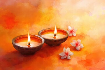 Warm Glow of Diwali: Two Oil Lamps and Flowers