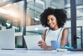 Poster - Business, tablet and creative black woman online for research, reading email or social media marketing. Digital technology, startup and happy worker on app for promotion, campaign update or check ads