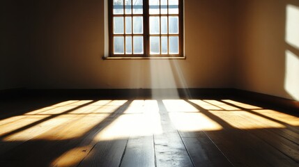 Aufkleber - Sunlight streaming through a window in a quiet room with wooden floors creates a peaceful atmosphere on a tranquil morning