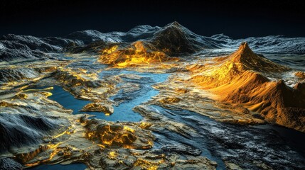 Poster - a vibrant, digital landscape features illuminated terrain and waterways, representing advanced techn