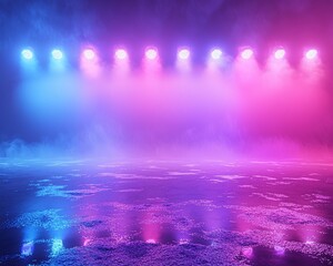 Poster - Pink and blue neon lights reflecting on a wet surface with smoke.