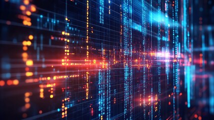 Poster - Abstract digital data stream with glowing lines and binary code.
