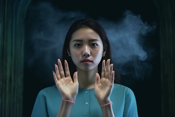 Poster - Young woman interacts with a transparent digital screen, her hands raised amidst a smoky atmosphere, suggesting futuristic technology and innovation