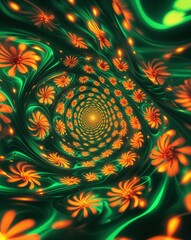 Poster - Green and orange glowing flower patterns swirling with light abstract nature concept background