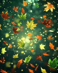 Poster - Green and rust colored leaves floating with light glows abstract nature concept background