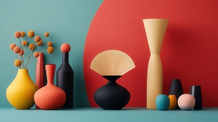 Poster - Colorful vase arrangement with dried flowers on geometric blocks against a vibrant pink and blue backdrop
