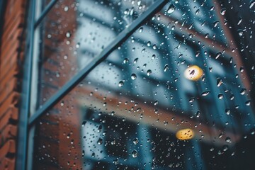 Poster - Rain drops falling on window glass showing blurred brick building in background, with two blurred yellow lights