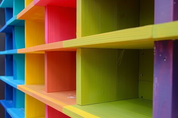 Poster - Empty rainbow colored wooden shelves creating a vibrant and cheerful atmosphere