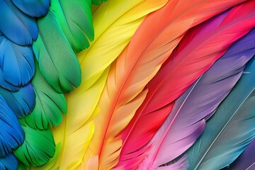Aufkleber - Colorful feathers arranged to create a beautiful rainbow gradient effect, perfect for nature, fashion, or design projects