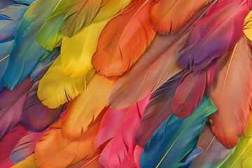 Wall Mural - Colorful feathers creating a vibrant and textured background, celebrating diversity and beauty of nature