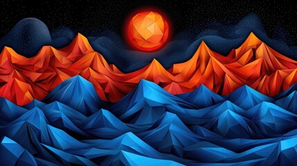 Poster - Spectacular sunset over geometric mountains abstract landscape digital artwork vivid colors artistic environment
