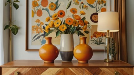 Wall Mural - Interior of modern living room with yellow armchair and vase with flowers