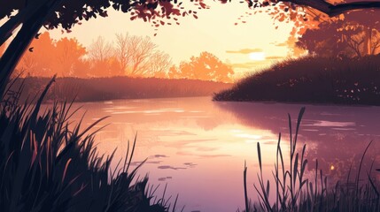 Aufkleber - Sunrise over a misty meadow with trees and wildlife in a serene landscape