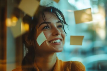Poster - smiling businesswoman sticking adhesive notes on glass wall at home . a woman smiles brightly throug