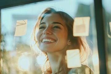 Poster - smiling businesswoman sticking adhesive notes on glass wall at home . a woman smiles brightly throug