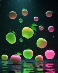 Poster - Soft green and pink glowing fruit silhouettes floating in a dark space abstract fruit nature concept background