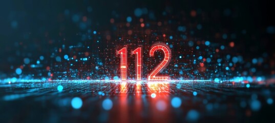 Poster - Glowing Digital 3D Number 112 In Futuristic Style on Blue Digital Abstract Background