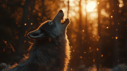 Aufkleber - Wolf howling at the sunrise in a forest landscape surrounded by trees during early morning hours