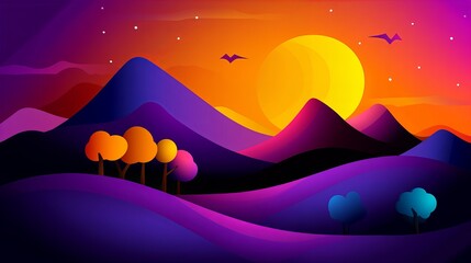 Wall Mural - Vibrant sunset over rolling hills and colorful trees. A serene landscape in shades of purple, orange, and yellow.