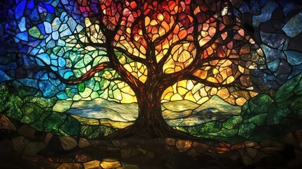 Poster - Vibrant stained glass artwork depicting a colorful tree against a sunset landscape.