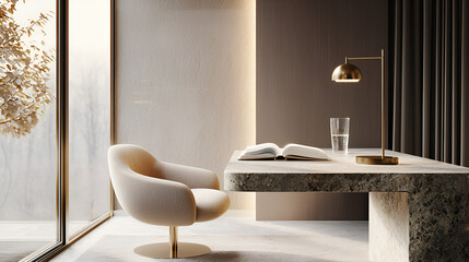 A serene workspace with a beige armchair, a stone desk, and a gold desk lamp. Natural light streams in from a large window.