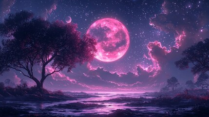 Wall Mural - Tranquil Galactic Dreamscape with Glowing Moon and Swirling Stars