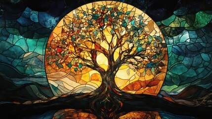 Poster - Colorful stained glass artwork depicting a tree of life against a sunset.