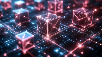 Glowing Cubes Connected Within A Digital Network
