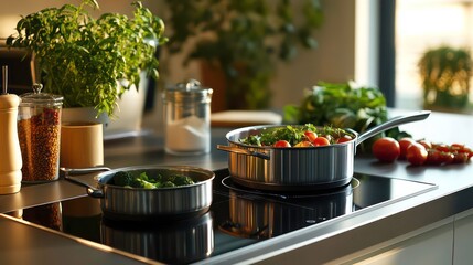 Poster - Fresh vegetables simmering in stainless steel pots on a modern induction cooktop in a sunlit kitchen.