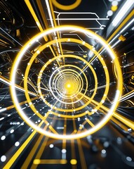 Aufkleber - Yellow and white glowing circles and lines abstract tech concept background