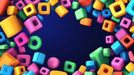 Colorful three dimensional shapes form a frame