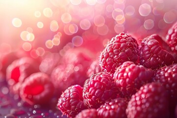 Poster - macro close up of glistening raspberries creating a juicy and vibrant backdrop