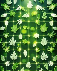 Poster - Bright green and white leaf outlines forming a glowing grid abstract nature concept background