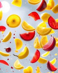 Poster - Bright yellow and red glowing fruit fragments floating against a light background abstract fruit nature concept background